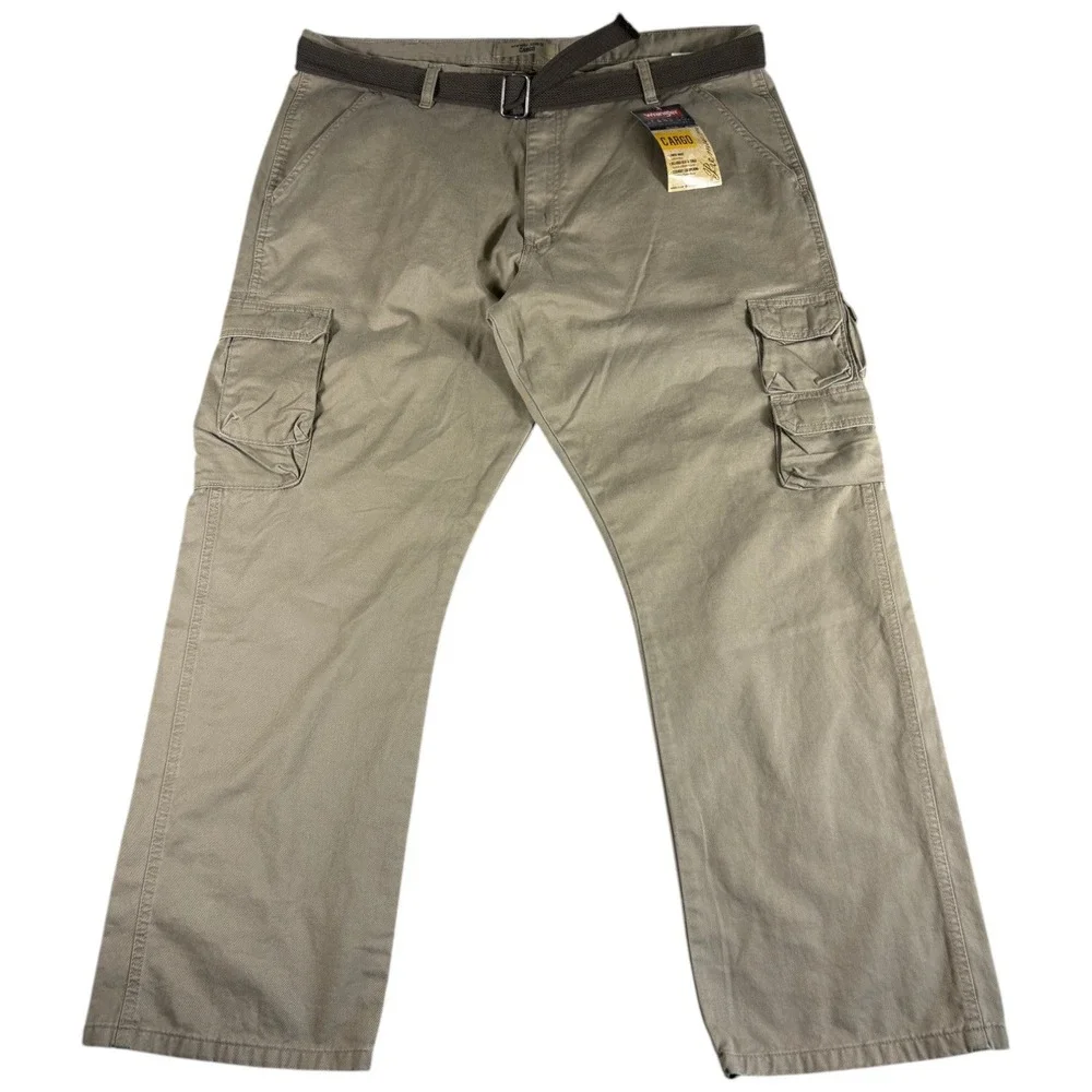 Wrangler Premium Cargo Pants Mens 42x30 Tan Khaki Belted Waist Relaxed Workwear